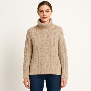 Inis Crafts Ireland Beige Cable Knit Turtleneck Sweater 100% Merino Wool Women S